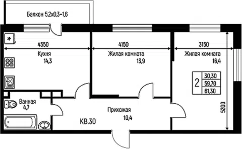 Планировка 2-к.кв