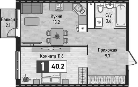 Планировка 1-к.кв