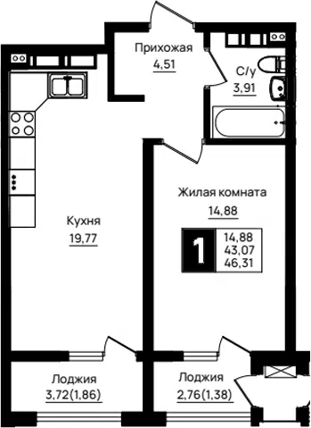 Планировка 1-к.кв