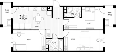 Планировка 3-к.кв