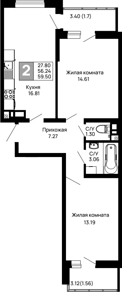 Планировка 2-к.кв