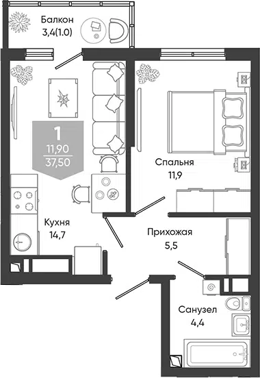 Планировка 1-к.кв
