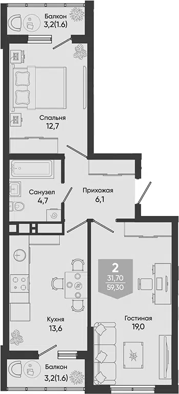 Планировка 2-к.кв