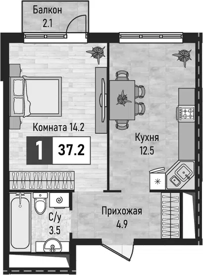 Планировка 1-к.кв