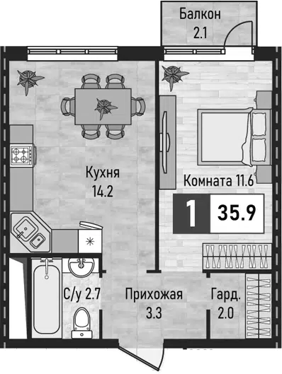 Планировка 1-к.кв