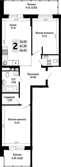 Планировка 2-к.кв