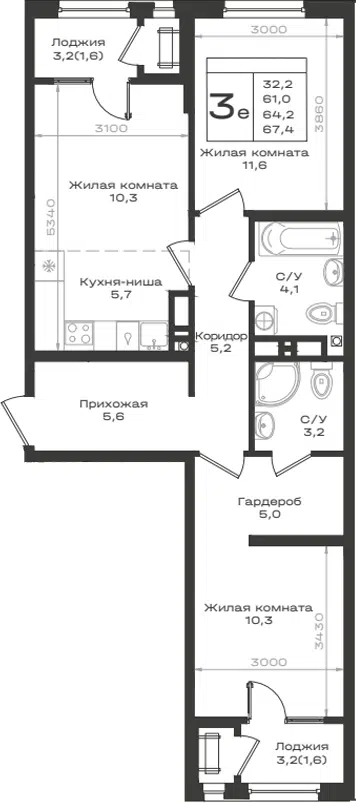 Планировка 3Е-к.кв