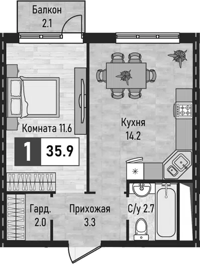 Планировка 1-к.кв