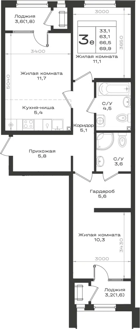 Планировка 3Е-к.кв