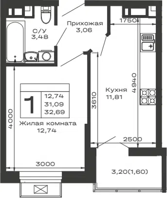 Планировка 1-к.кв