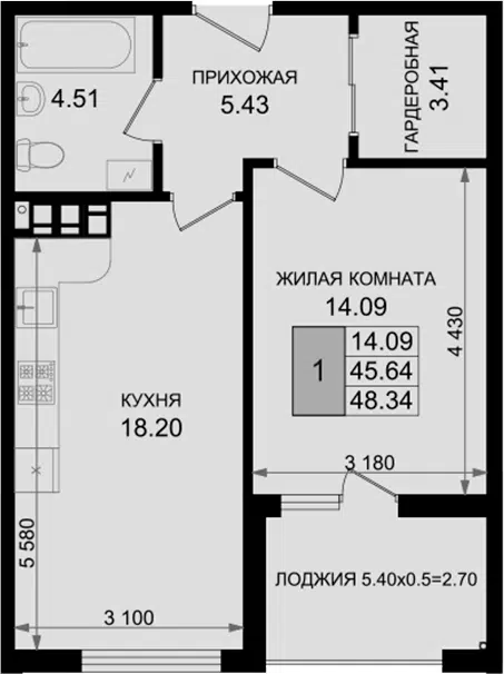 Планировка 1-к.кв