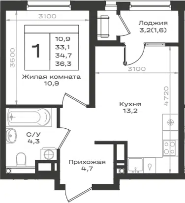 Планировка 1-к.кв