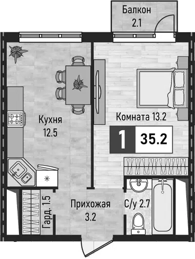 Планировка 1-к.кв