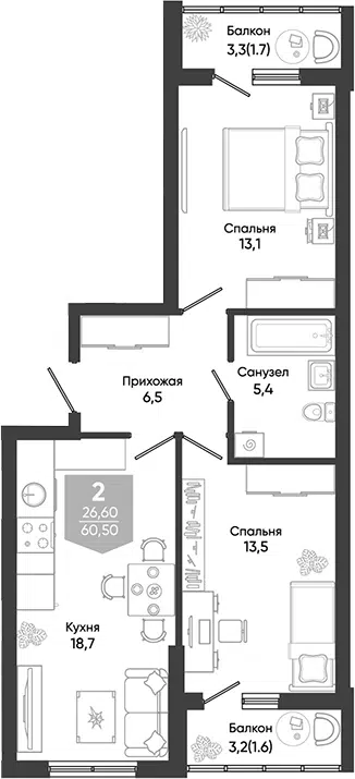Планировка 3Е-к.кв