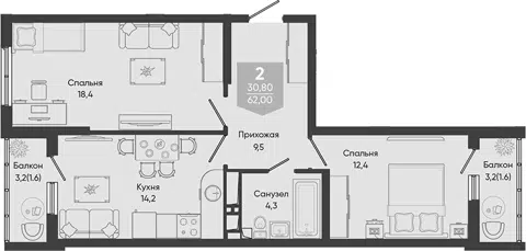 Планировка 2-к.кв