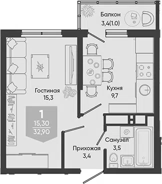 Планировка 1-к.кв