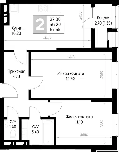 Планировка 2-к.кв