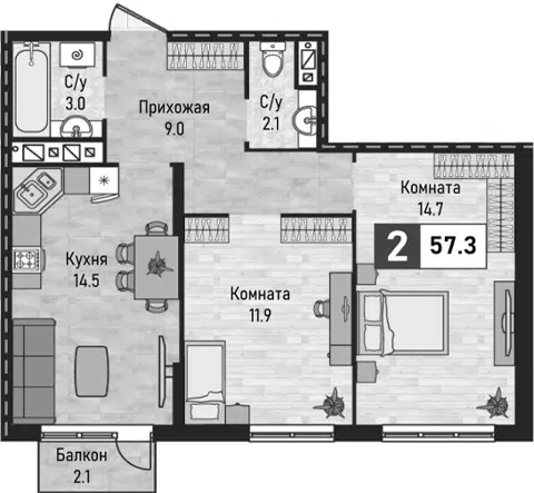 Планировка 2-к.кв