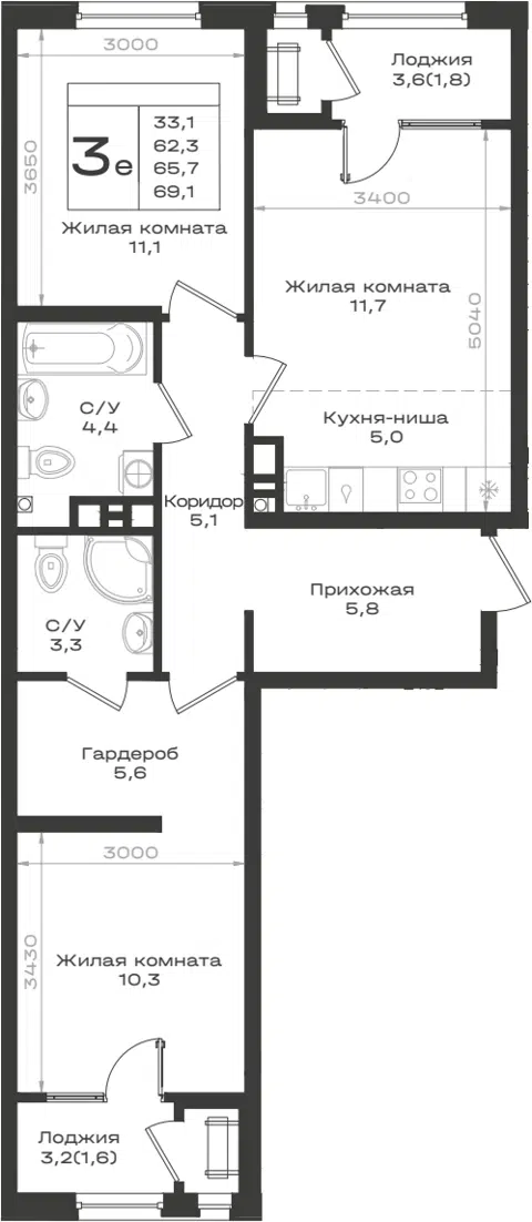 Планировка 3Е-к.кв