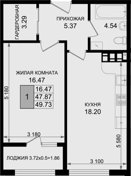 Планировка 1-к.кв