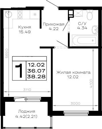 Планировка 1-к.кв