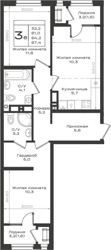 Планировка 3Е-к.кв
