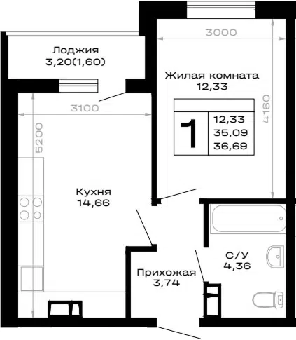 Планировка 1-к.кв