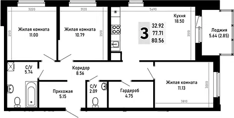 Планировка 3-к.кв
