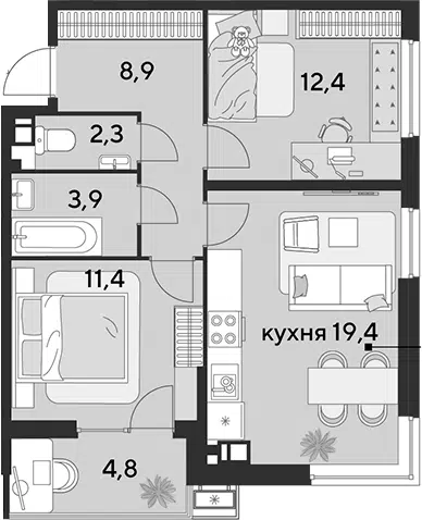 Планировка 3Е-к.кв