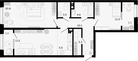 Планировка 3Е-к.кв
