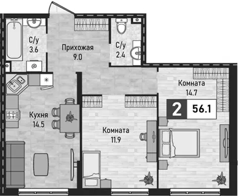 Планировка 2-к.кв