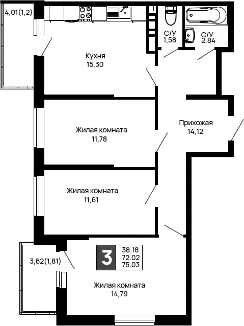 Планировка 3-к.кв