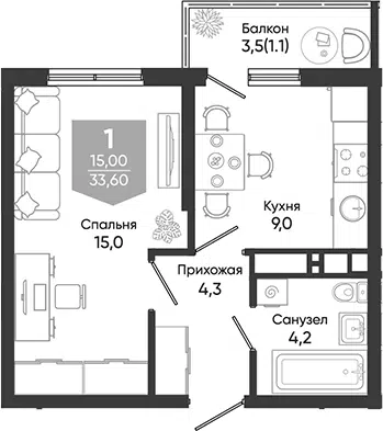 Планировка 1-к.кв