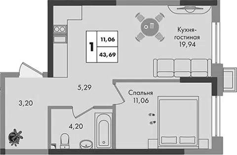 Планировка 1-к.кв