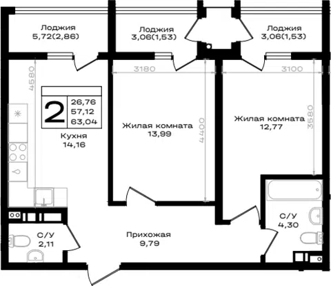 Планировка: 2-к.кв