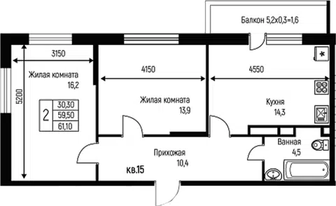 Планировка 2-к.кв