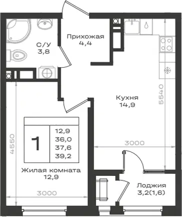 Планировка 1-к.кв