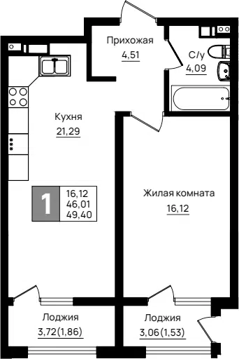 Планировка 1-к.кв