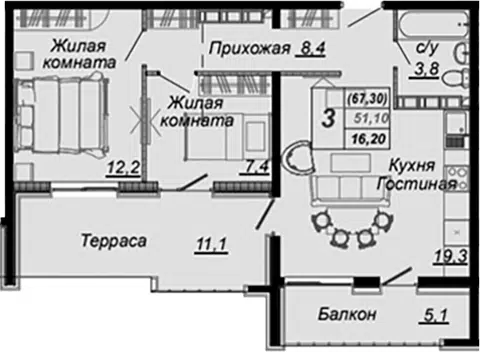 Планировка 2-к.кв